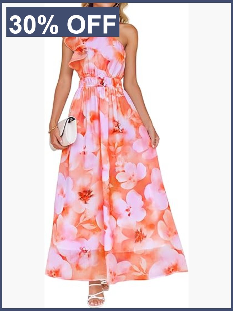 Sleeveless One Shoulder Ruffle Maxi Dress With Floral Print, High Waist